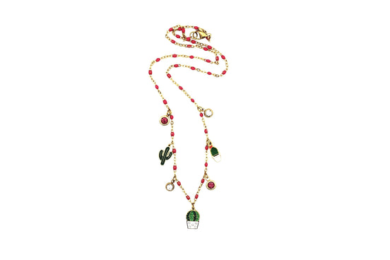 Enamel Cactus Multi Charm Necklace