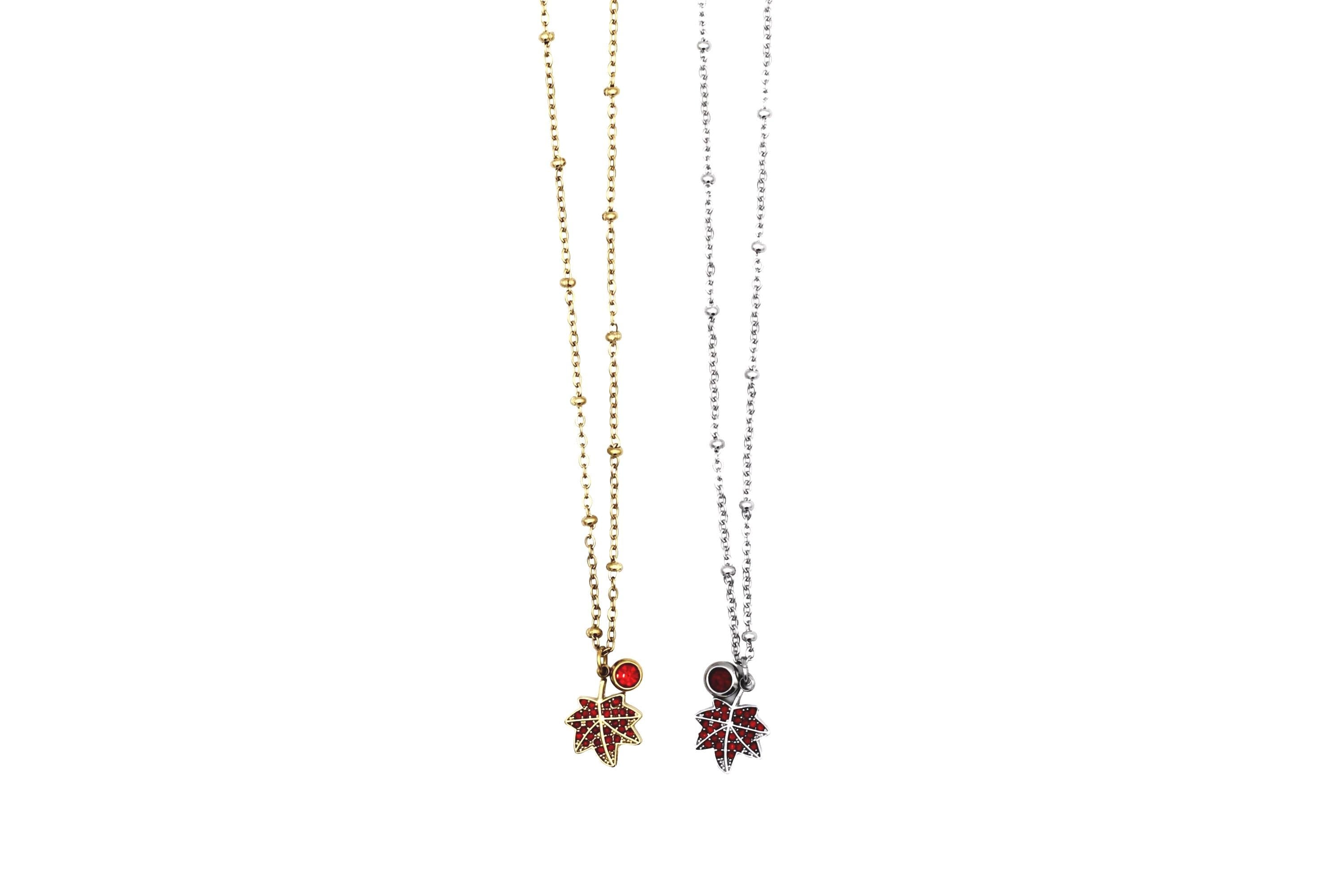 Red Rhinestone Leaf Charm Necklace