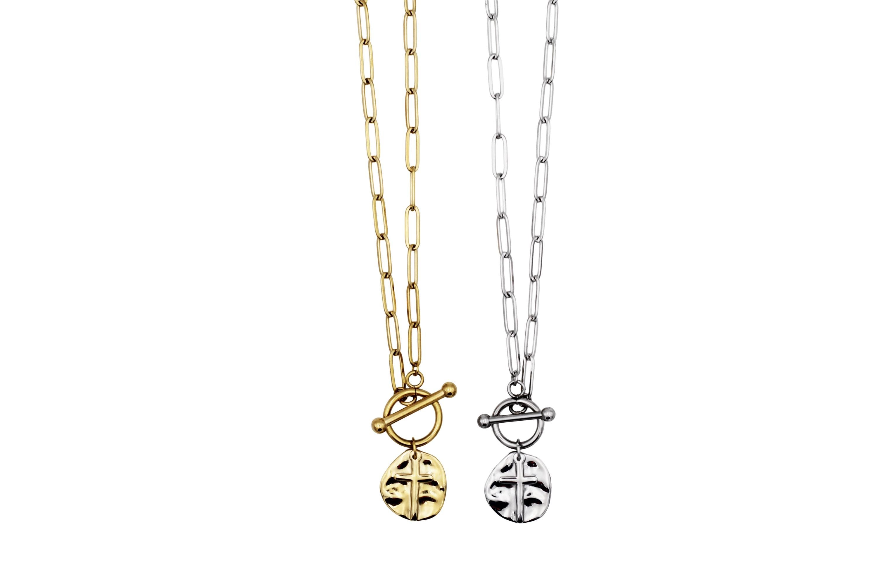 Textured Cross Charm Toggle Necklace