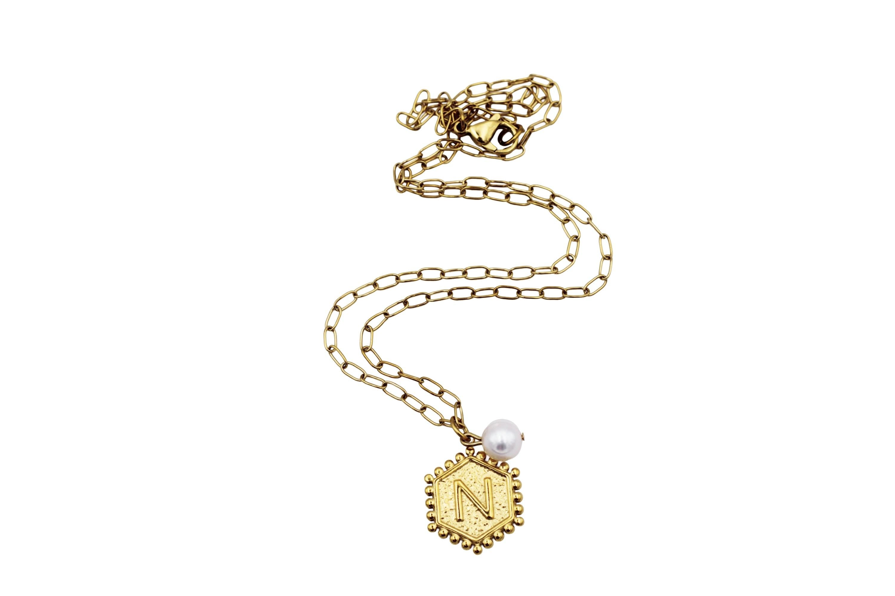 Gold N and Heart Double Sided Charm & Pearl Necklace