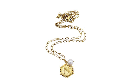 Gold N and Heart Double Sided Charm & Pearl Necklace