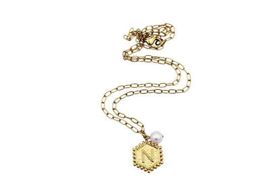 Gold N and Heart Double Sided Charm & Pearl Necklace