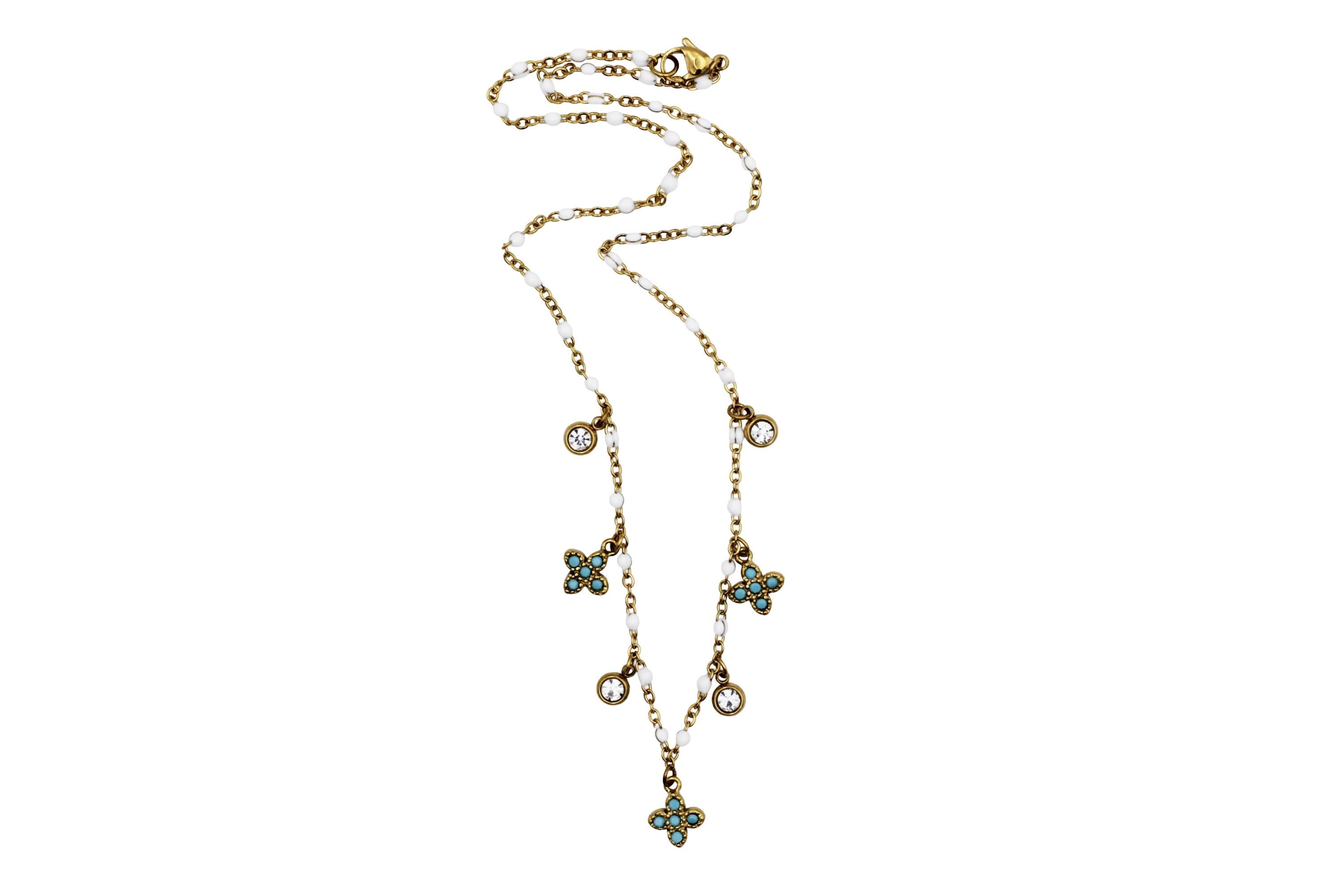 Turquoise Quatrefoil & Rhinestone Multi Charm Necklace