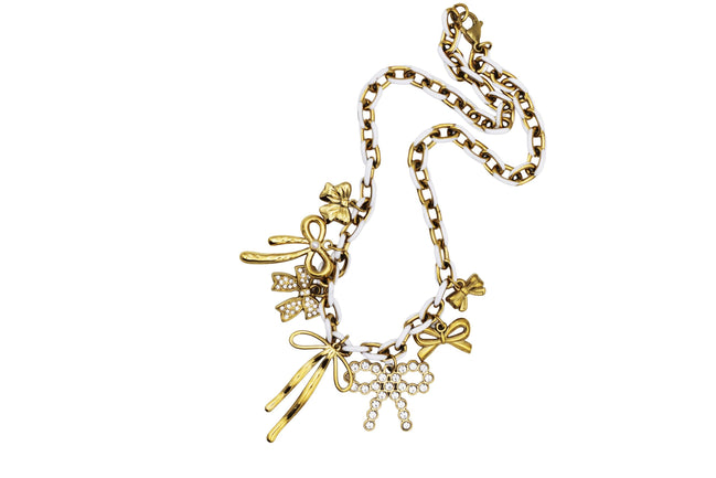 Gold & White Bow Multi Charm Necklace