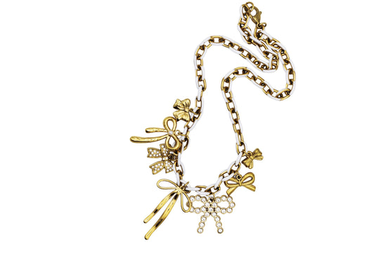 Gold & White Bow Multi Charm Necklace