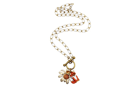 Orange Fox & Flower Charm Necklace