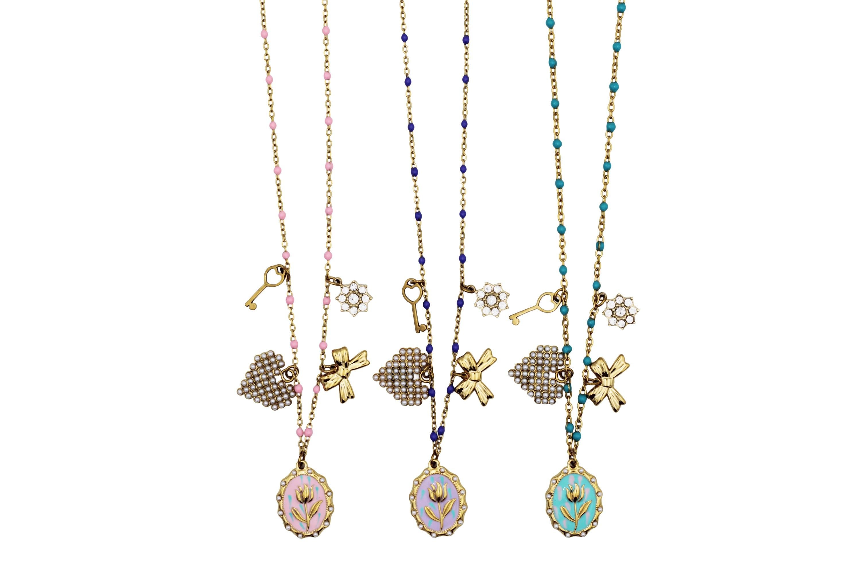 Rose, Bow, Heart Multi Charm Necklace