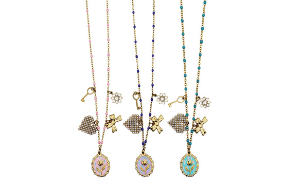 Rose, Bow, Heart Multi Charm Necklace