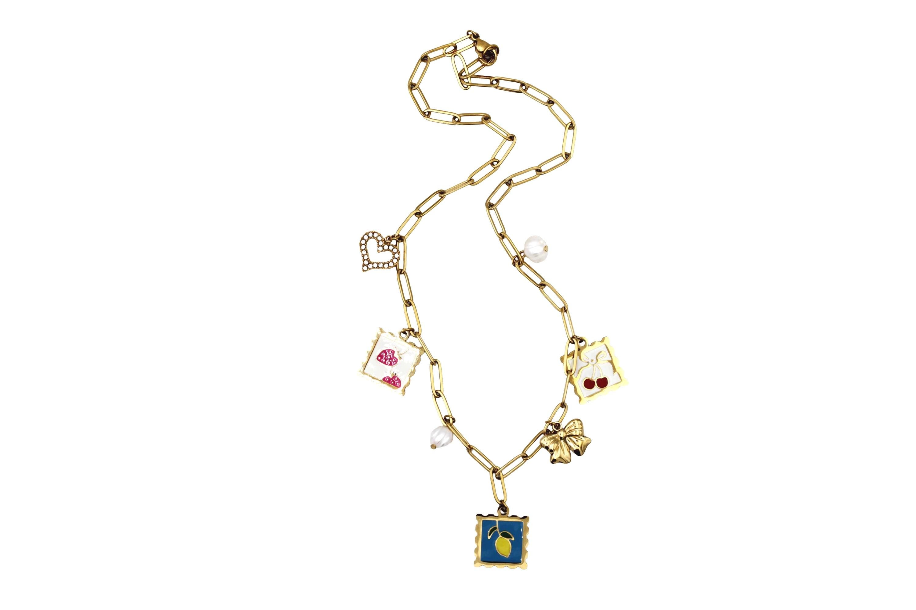 Gold Fruit Stamp Multi Charm Necklace