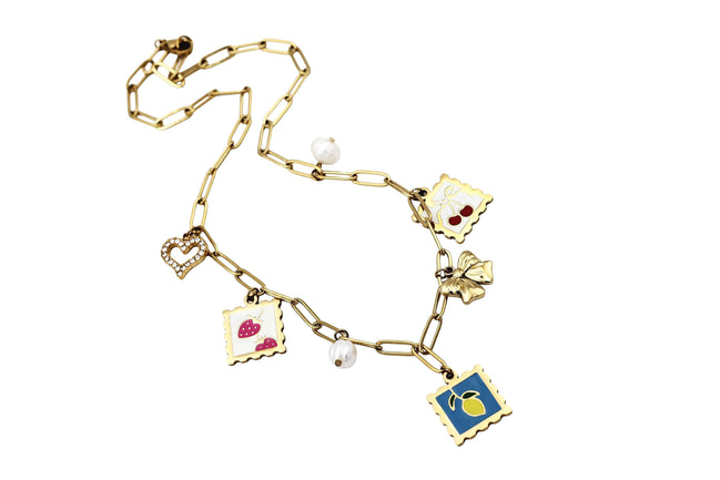 Gold Fruit Stamp Multi Charm Necklace