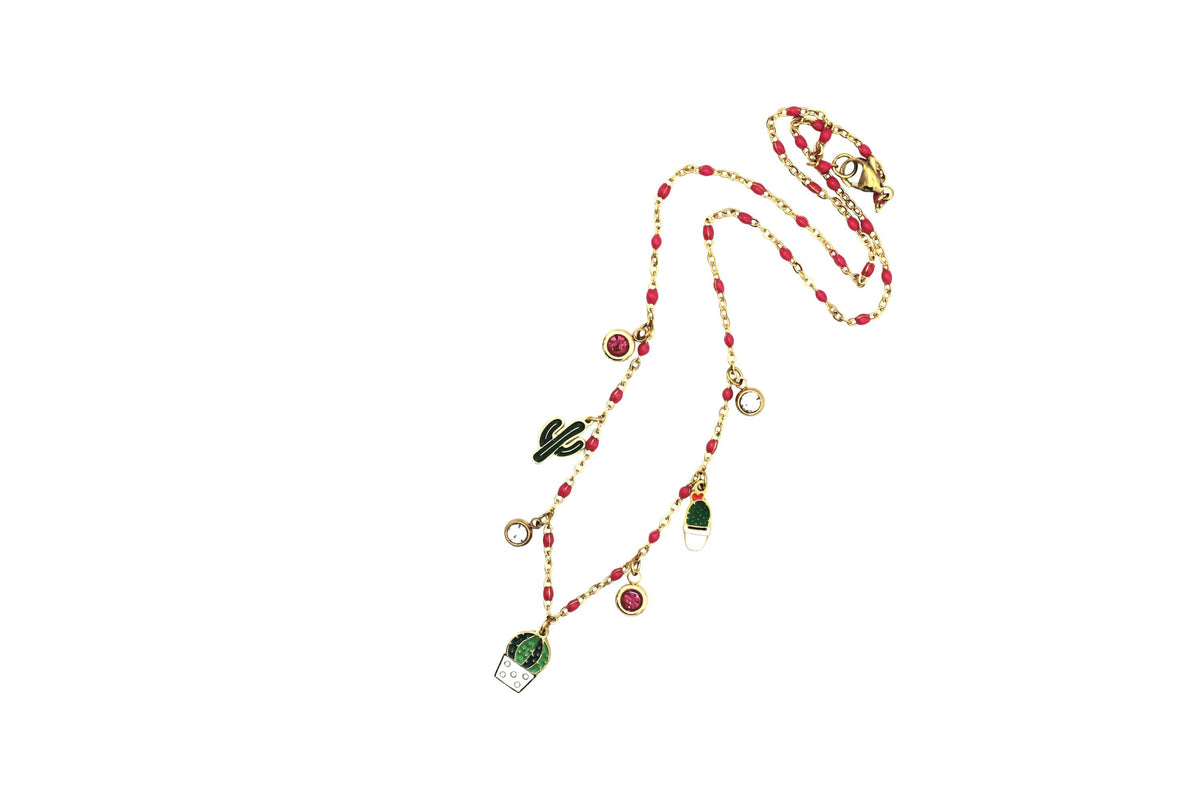 Enamel Cactus Multi Charm Necklace