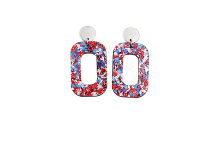 Red Silver Blue Glitter Oval Earrings