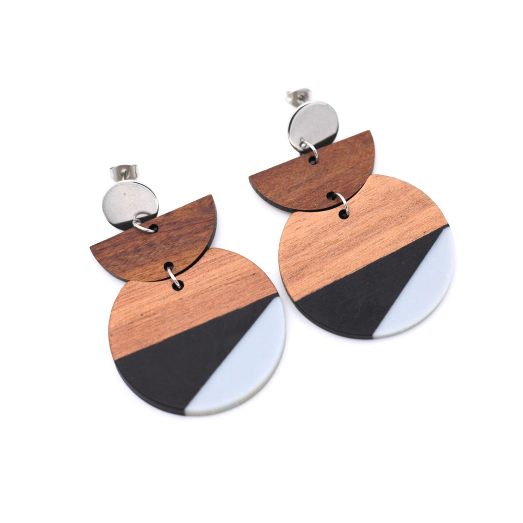 Black & Gray Resin & Wood Crescent Silver Dangle Earrings