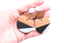 Load image into Gallery viewer, Black &amp; Gray Resin &amp; Wood Crescent Silver Dangle Earrings
