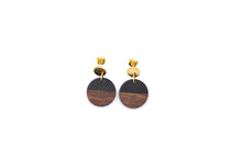 Load image into Gallery viewer, Black Resin &amp; Wood Circle Dangle Earrings
