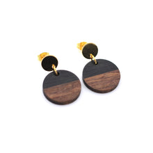 Load image into Gallery viewer, Black Resin &amp; Wood Circle Dangle Earrings
