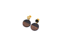 Load image into Gallery viewer, Black Resin &amp; Wood Circle Dangle Earrings
