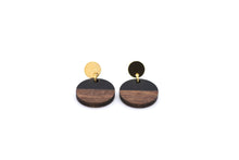 Load image into Gallery viewer, Black Resin &amp; Wood Circle Dangle Earrings
