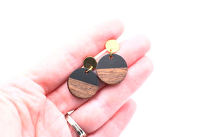 Black Resin & Wood Circle Dangle Earrings