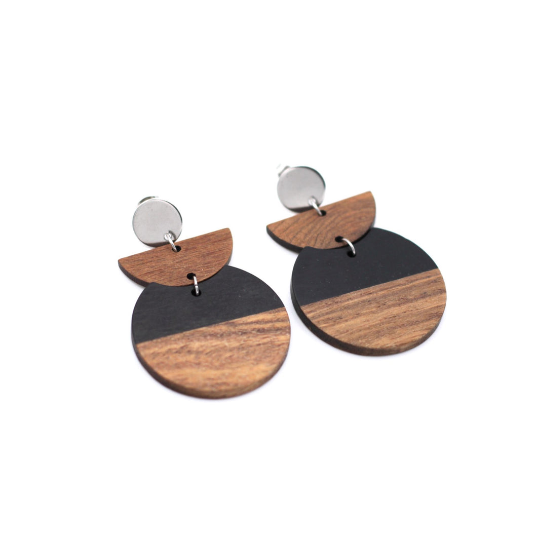 Black Resin & Wood Crescent Silver Dangle Earrings
