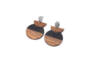 Black Resin & Wood Crescent Silver Dangle Earrings
