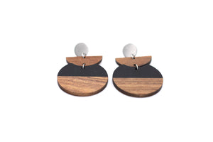 Black Resin & Wood Crescent Silver Dangle Earrings