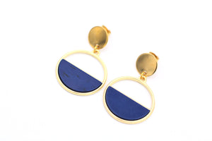 Blue Half Circle Gold Dangle Earrings