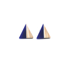 Load image into Gallery viewer, Blue Resin &amp; Wood Triangle Stud Earrings
