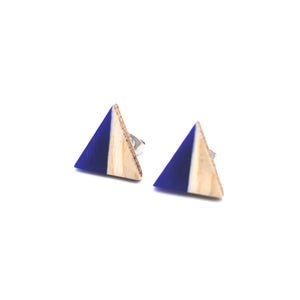 Blue Resin & Wood Triangle Stud Earrings