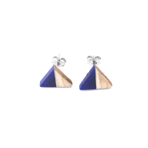 Blue Resin & Wood Triangle Stud Earrings