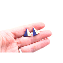 Load image into Gallery viewer, Blue Resin &amp; Wood Triangle Stud Earrings
