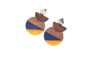 Blue & Orange Resin & Wood Crescent Silver Dangle Earrings