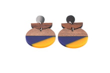 Load image into Gallery viewer, Blue &amp; Orange Resin &amp; Wood Crescent Dangle Earrings
