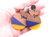 Load image into Gallery viewer, Blue &amp; Orange Resin &amp; Wood Crescent Silver Dangle Earrings
