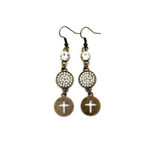 Load image into Gallery viewer, Bronze Cross &amp; Rhinestone Dangle Earrings

