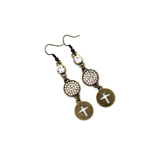 Bronze Cross & Rhinestone Dangle Earrings