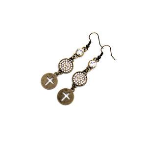 Bronze Cross & Rhinestone Dangle Earrings