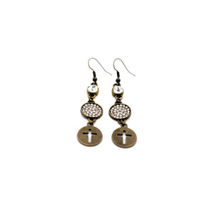 Bronze Cross & Rhinestone Dangle Earrings