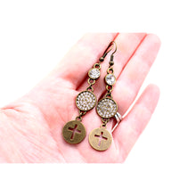 Load image into Gallery viewer, Bronze Cross &amp; Rhinestone Dangle Earrings
