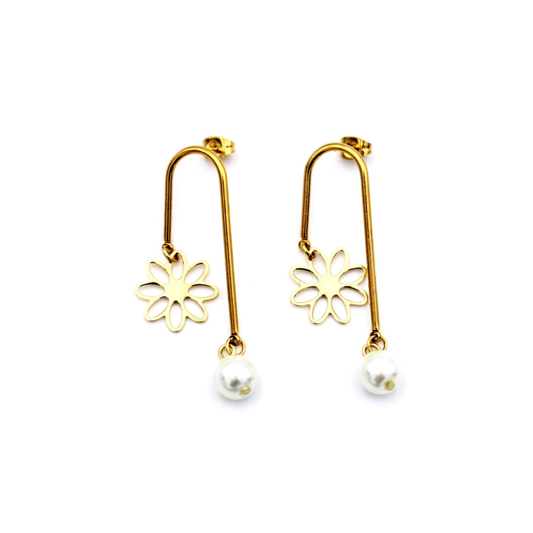 Gold Daisy & Pearl Asymmetrical Dangle Earrings