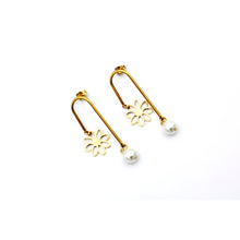 Load image into Gallery viewer, Gold Daisy &amp; Pearl Asymmetrical Dangle Earrings
