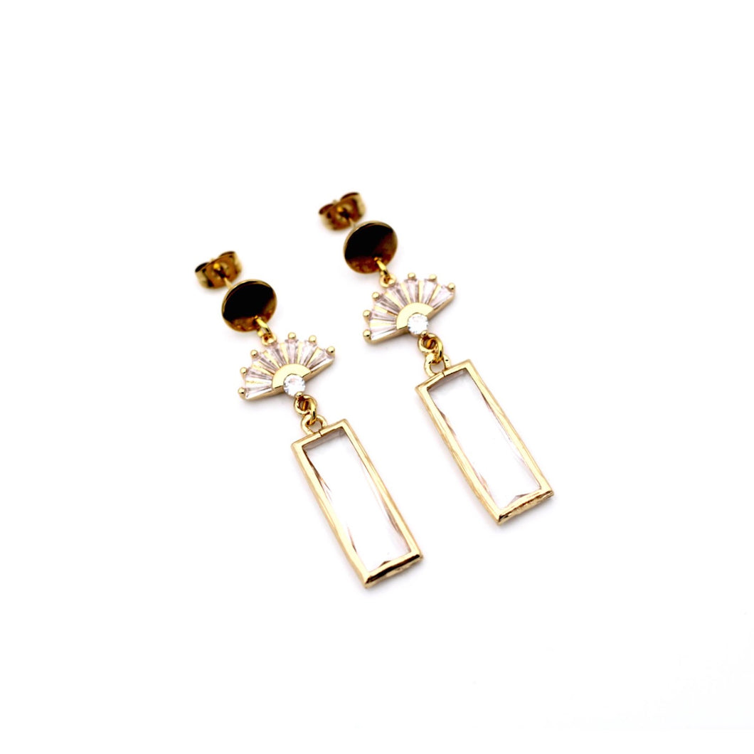 Gold Art Deco Rhinestone Dangle Earrings