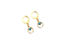 Load image into Gallery viewer, Gold Rhinestone Turquoise Crescent Huggie Hoop Earrings
