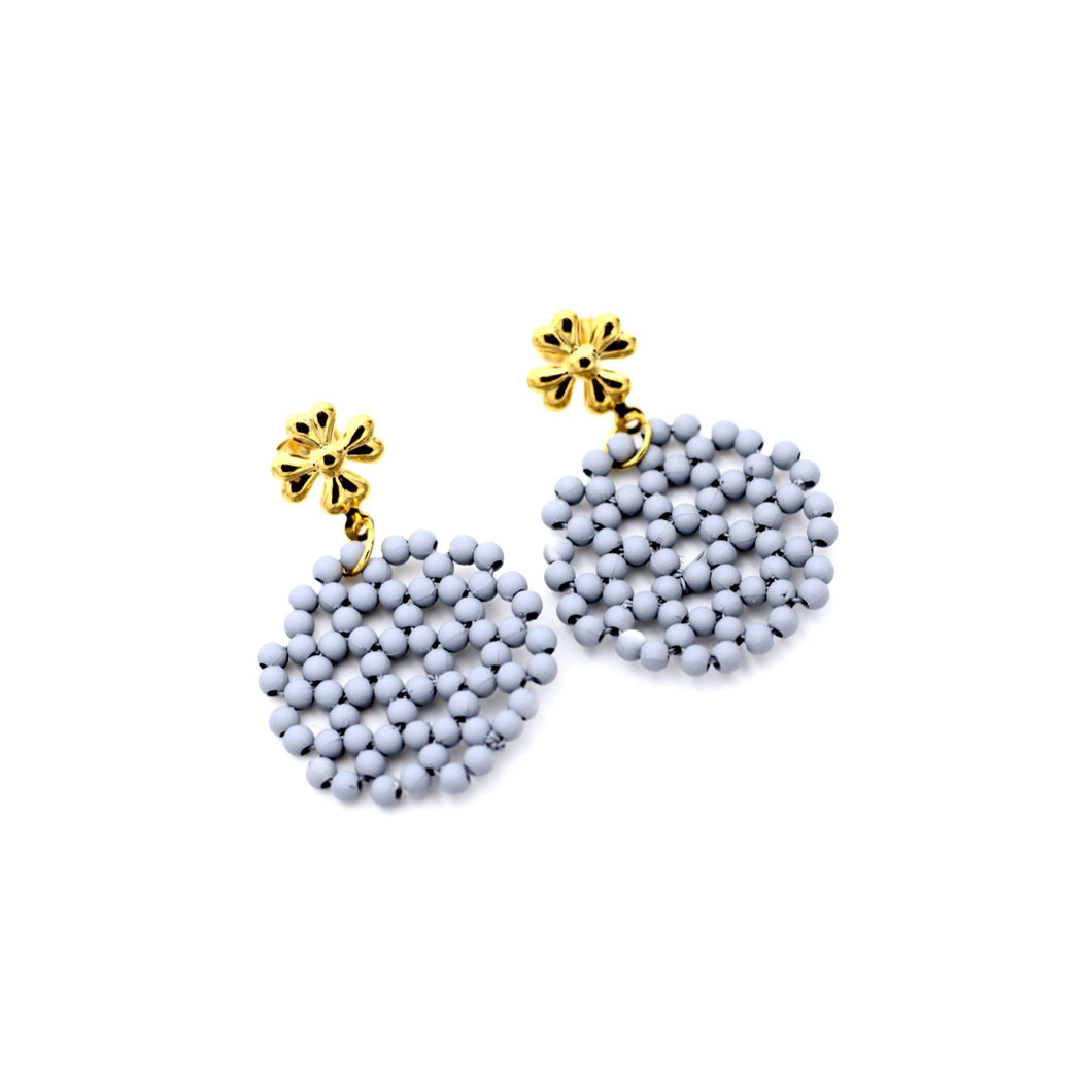 Gray Beaded Hexagon Gold Flower Dangle Earrings