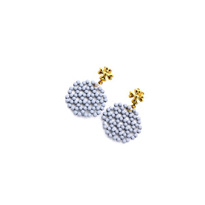 Gray Beaded Hexagon Gold Flower Dangle Earrings