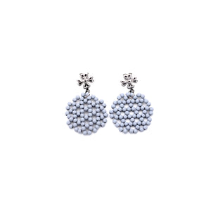 Gray Beaded Hexagon Silver Flower Dangle Earrings