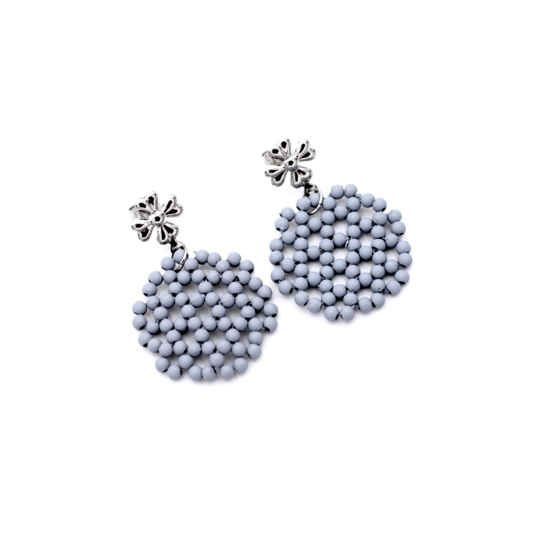 Gray Beaded Hexagon Silver Flower Dangle Earrings