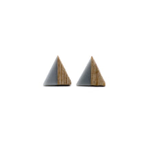 Load image into Gallery viewer, Gray Resin &amp; Wood Triangle Stud Earrings
