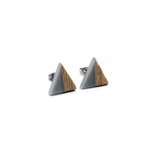 Load image into Gallery viewer, Gray Resin &amp; Wood Triangle Stud Earrings
