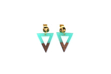 Load image into Gallery viewer, Green Resin &amp; Wood Triangle Dangle Earrings
